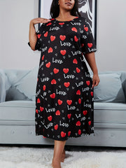 Heart & Letter Print Nightdress Short Sleeve Round