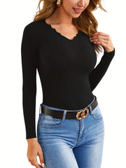 V Neck Slim Pullover Casual Long Sleeve Sweater for Women