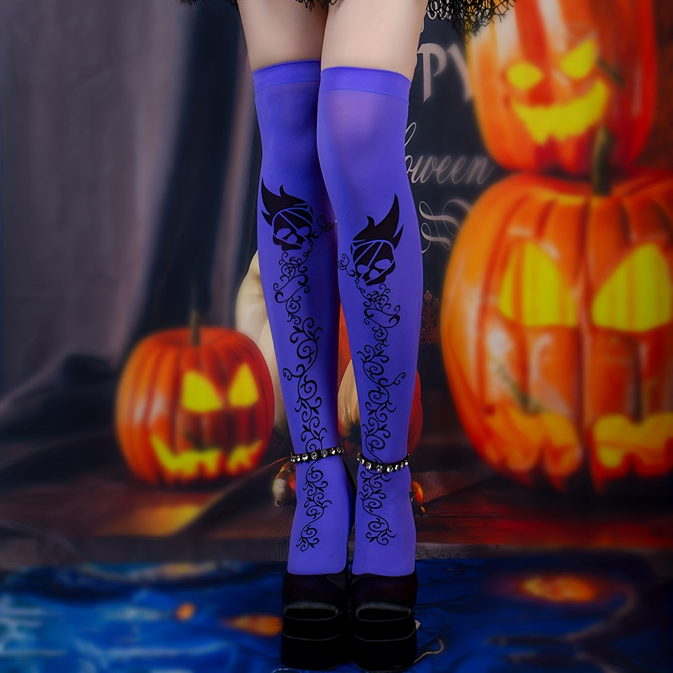 Skull Print Thigh High Socks Halloween Lace Over The Knee Stockings