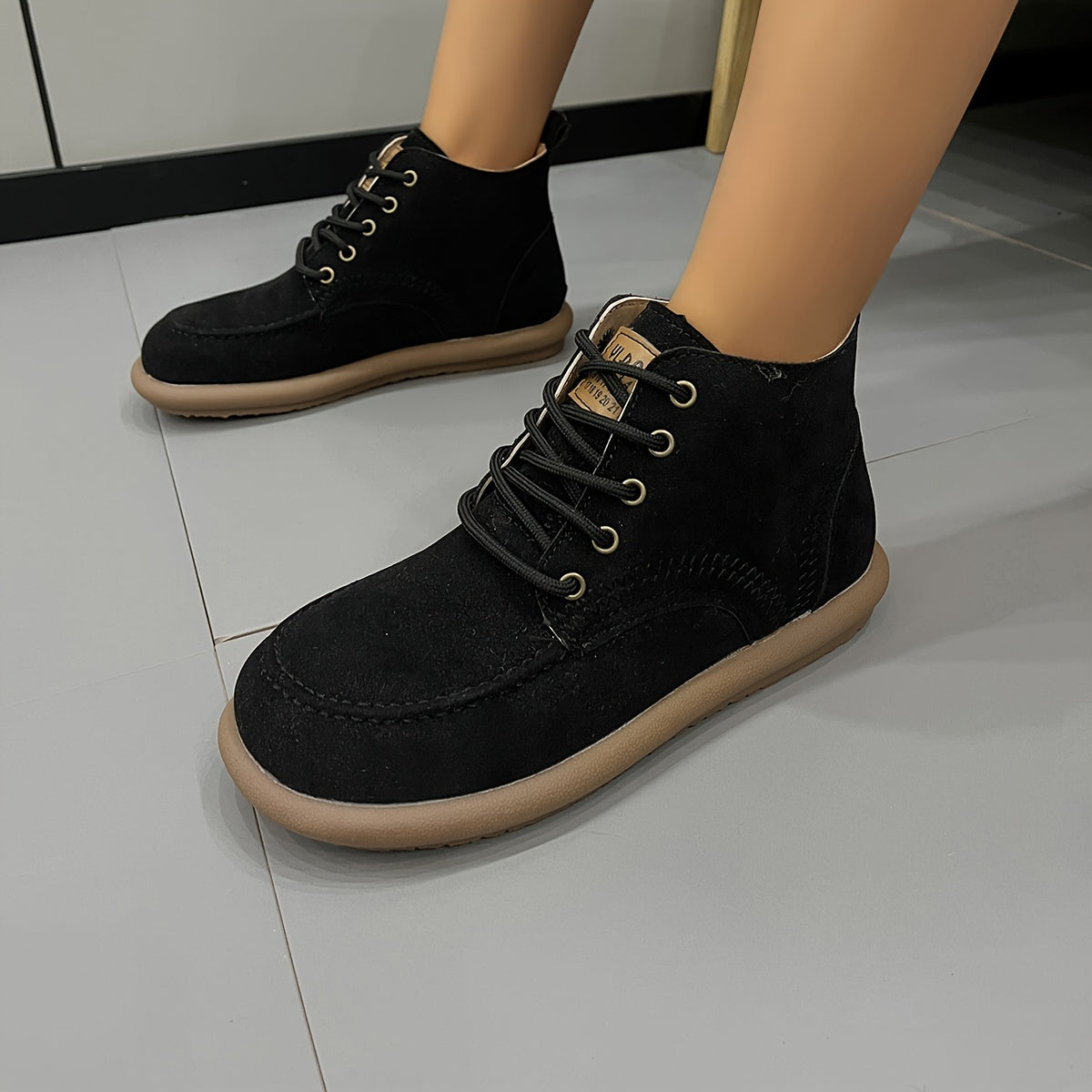 Women's Lace-up Front Flat Ankle Boots with Letter Patched