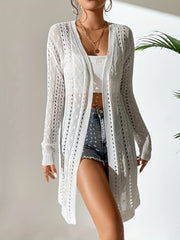 Long Sleeves Cover Up Shirts V Neck Slight Stretch Hollow Out Knitted Cardigan