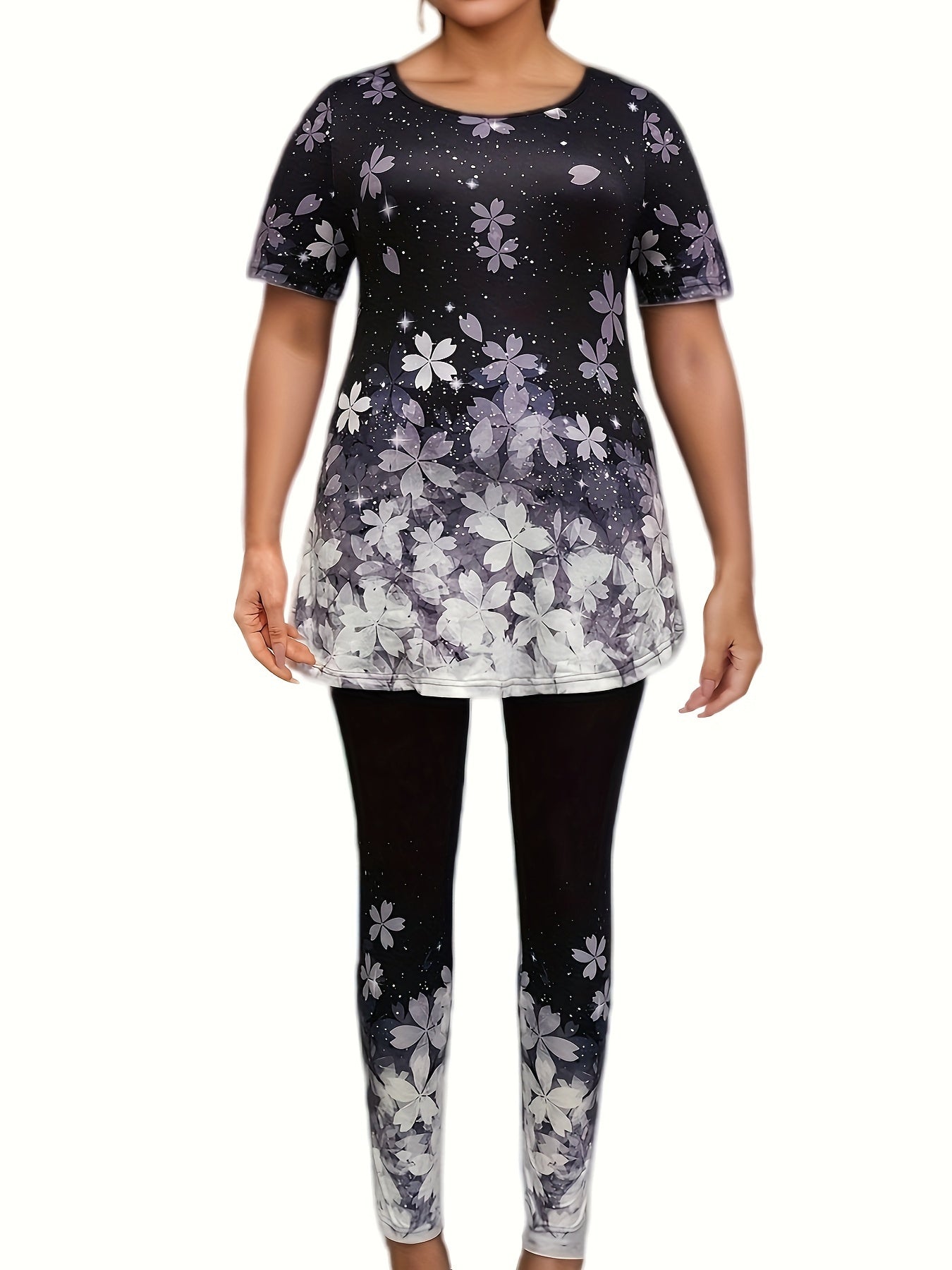 Glitter Sakura Print Tee & Leggings Pajamas Set