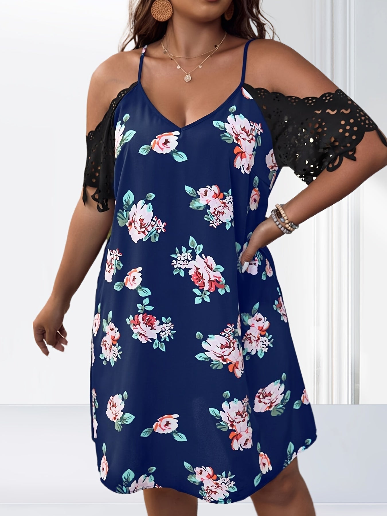 Floral Print Lace Short Sleeve V Neck Cold Shoulder Dress