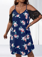 Floral Print Lace Short Sleeve V Neck Cold Shoulder Dress