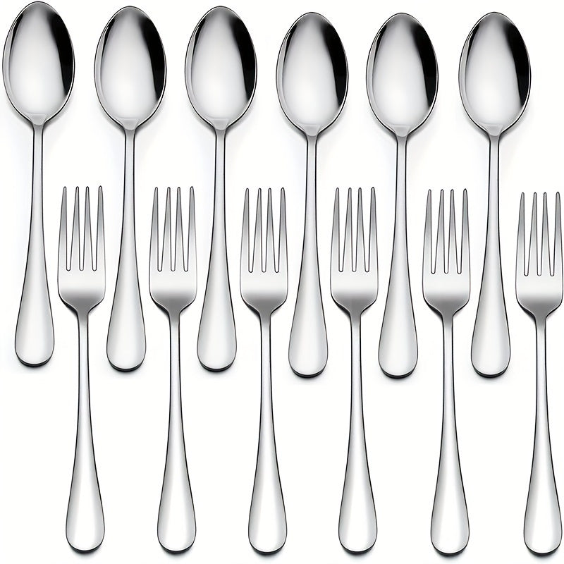 12pcs Stainless Steel Dessert Fork & Spoon Set for Home Kitchen Restaurant