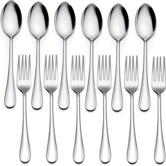12pcs Stainless Steel Dessert Fork & Spoon Set for Home Kitchen Restaurant