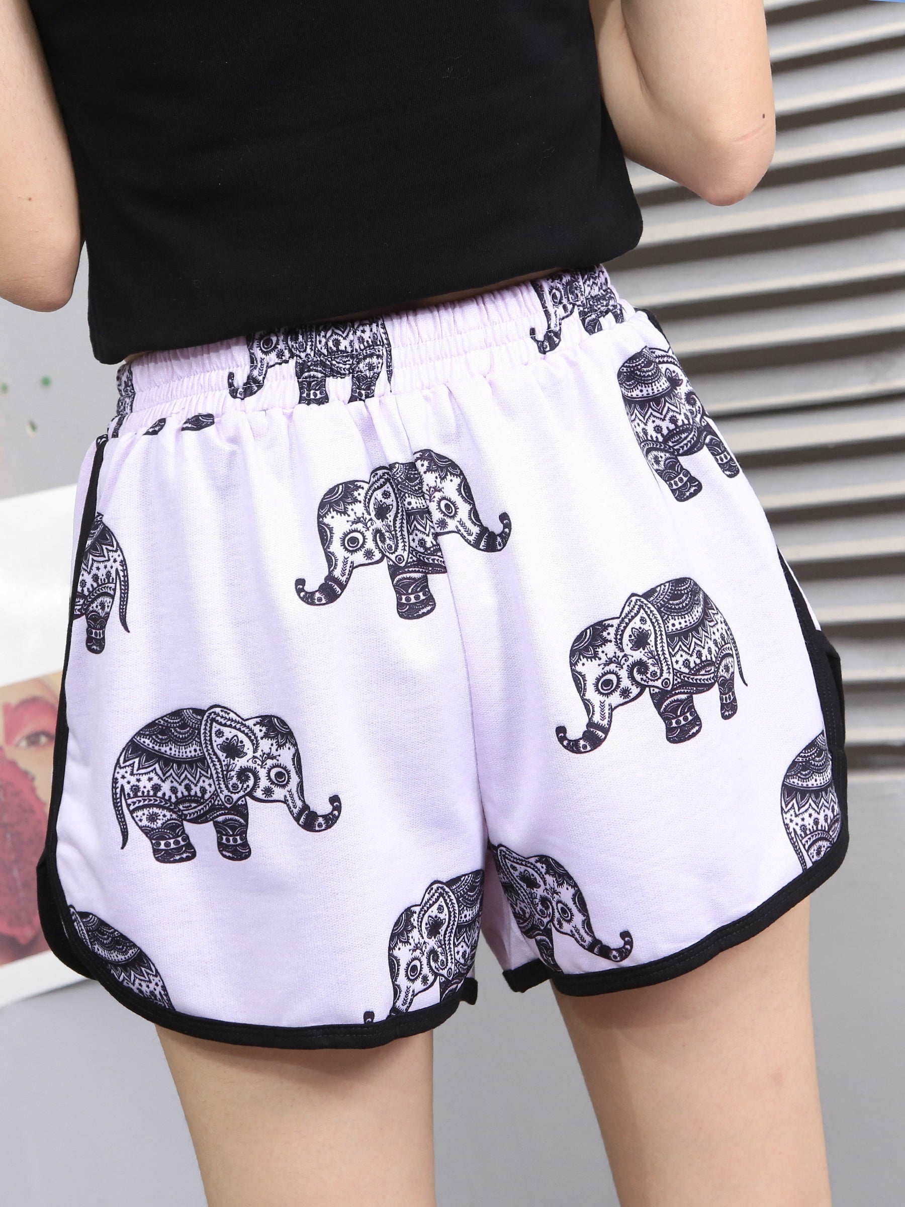 Elephant Print Elastic Waist Shorts for Women