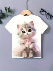 Cat Princess Graphic Short Sleeve T-shirt for Girls
