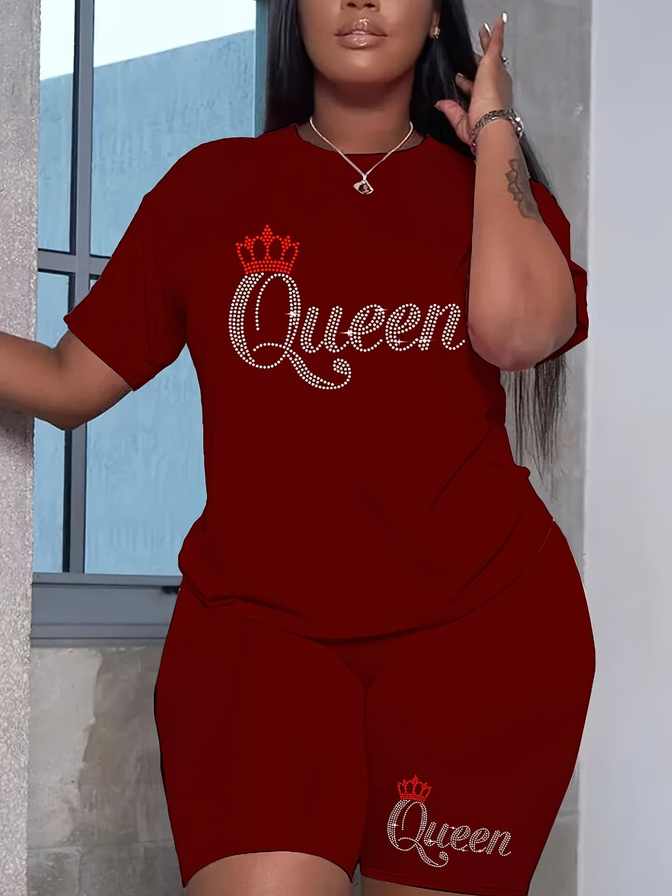 Queen Letter Print 2 Piece Set Crew Neck T shirt & Yoga Shorts