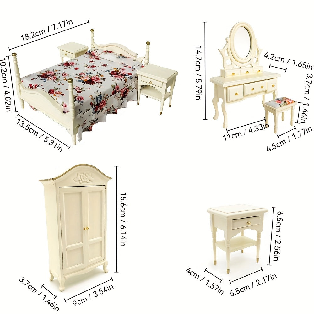 1:12 Vintage Furniture Set Cream/Mahogany Dollhouse Bed Dresser Armoi