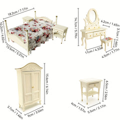 1:12 Vintage Furniture Set Cream/Mahogany Dollhouse Bed Dresser Armoi