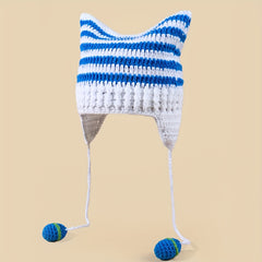 Harajuku Striped Knit Beanie Pom Pom Tassel Gothic Cap Cat Ears Hats