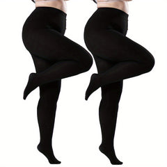 2 Pairs Plus Size High Waist Tights Soft Semi Sheer Opaque Pantyhose