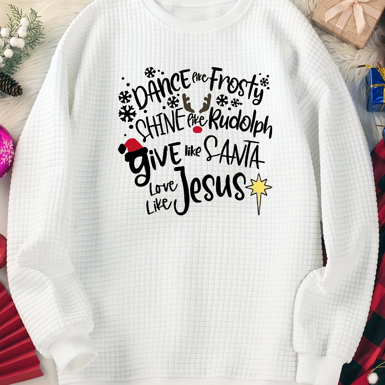 Christmas Lounge Top Women's Plus Snowflake & Letter Print