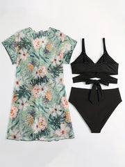 3 Pack Plus Size Vacay Swimsuit Set Women's Plus Bikini & Cover Up 3 Piece Set