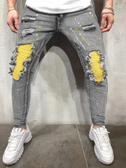 Paint Splatter Ripped Slim Fit Jeans Men's Casual High Stretch Denim Pants