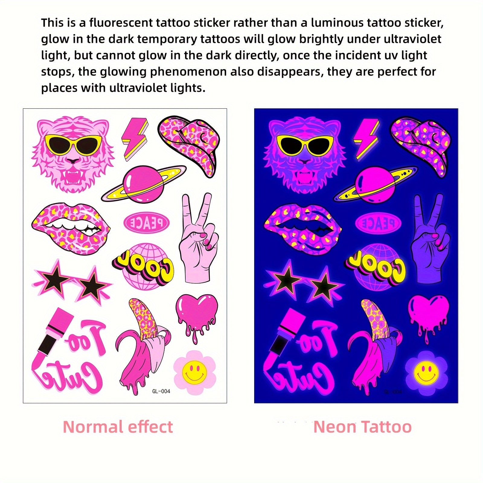 Fluorescent Pink Temporary Tattoo Stickers - UV Waterproof Glow Tattoos