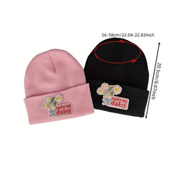 Daisy Embroidery Patch Beanie Knit Hat Windproof Warm Skull Cap