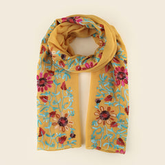 Vintage Embroidered Flowers Scarf Shawl Linen Scarf