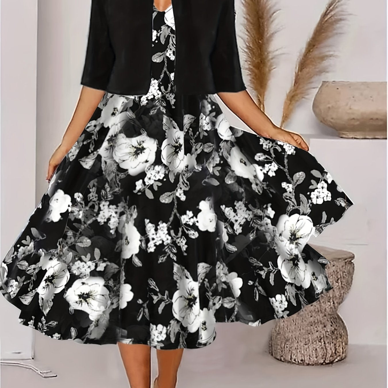 2 Piece Set Women's Cardigan & Floral Dress