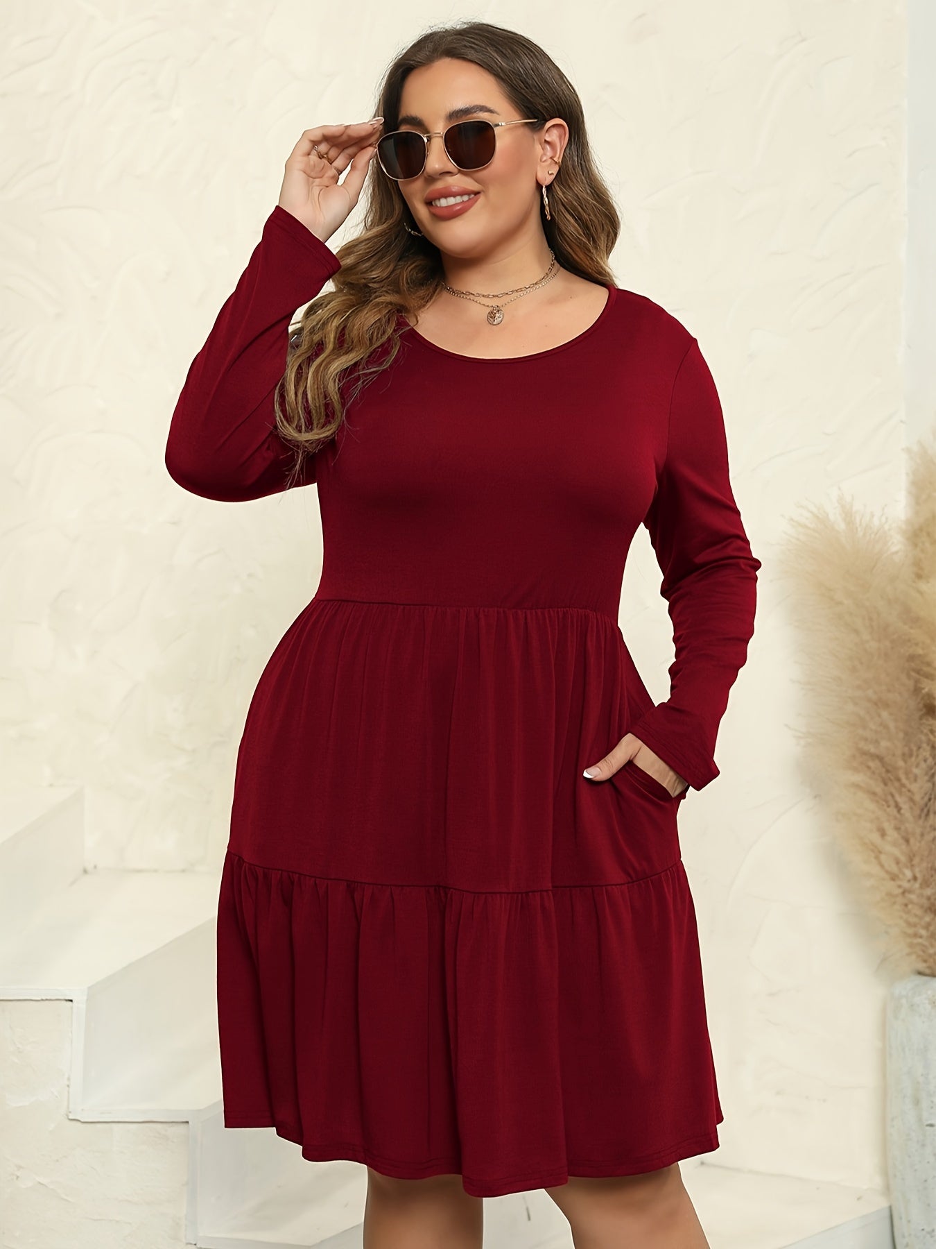 Solid Long Sleeve Knee Length Dress With Pockets