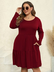 Solid Long Sleeve Knee Length Dress With Pockets