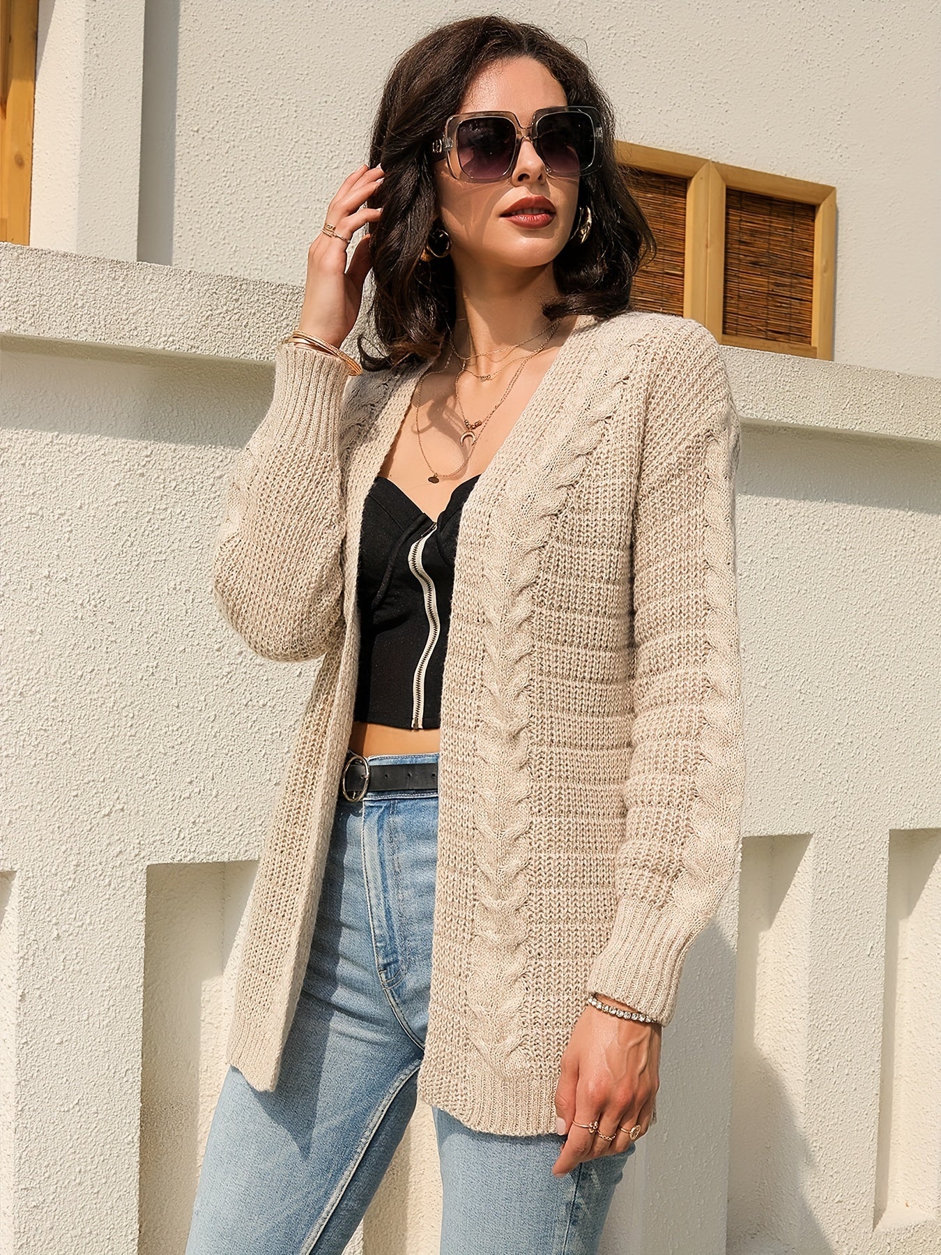 Twist Pattern Open Front Cardigan Long Sleeve Casual Cardigan