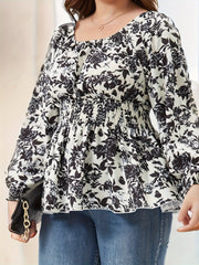 Floral Lantern Sleeve Peplum Top Square Neck Plus Size