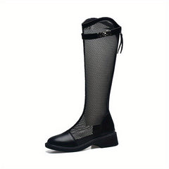 Women's Mesh Long Boots Round Toe Zipper Buckle Chunky Heel Boots
