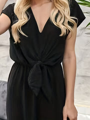 Backless Knotted Jumpsuit Solid V Neck Wide Leg Jumpsuit