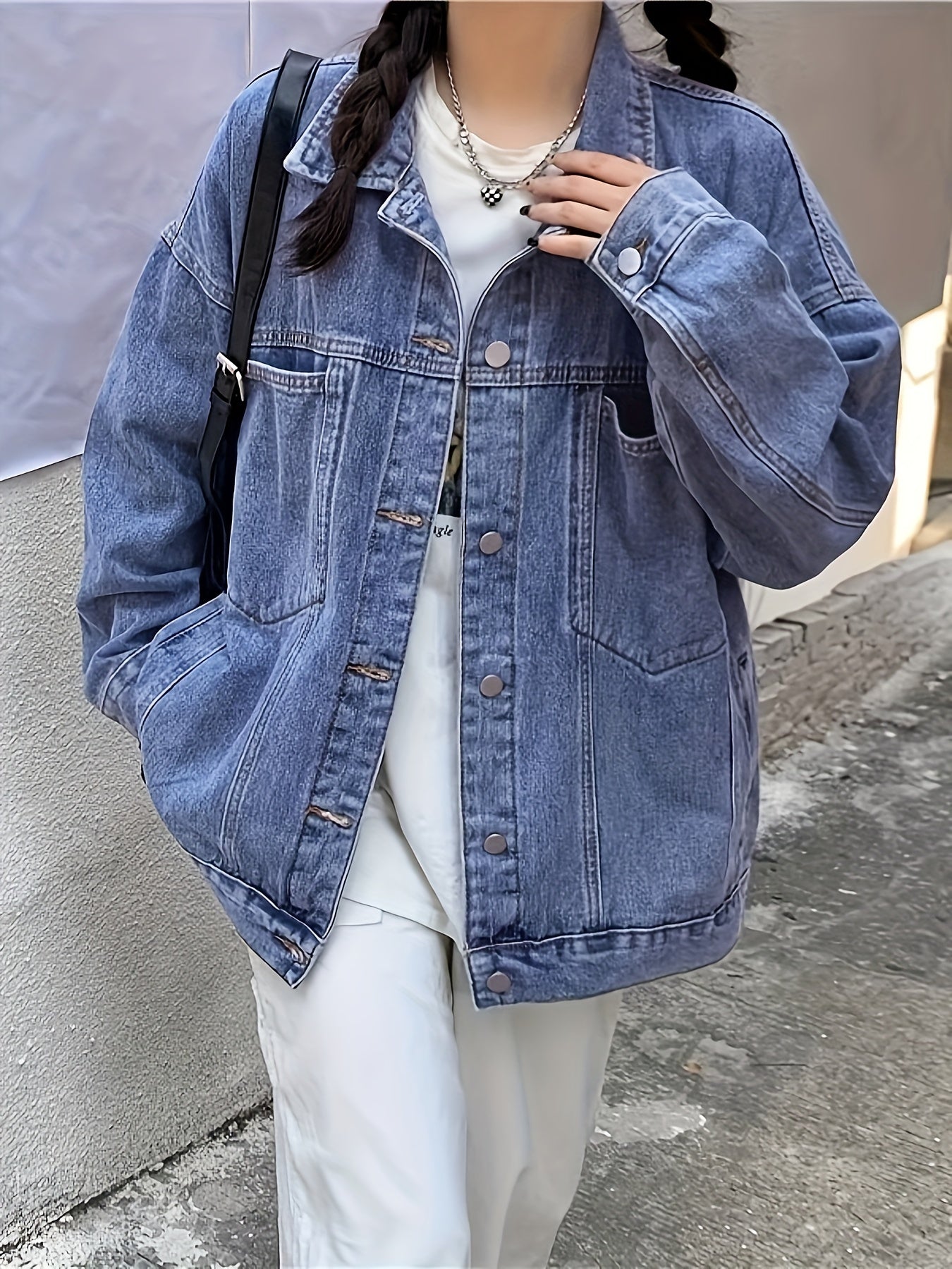 Loose Fit Denim Jackets Patch Pockets Long Sleeves Lapel Versatile Denim Coats