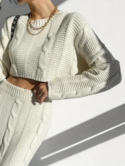 Twist Pattern Knitted Two piece Set Long Sleeve Crop Top & Split Maxi Skirt