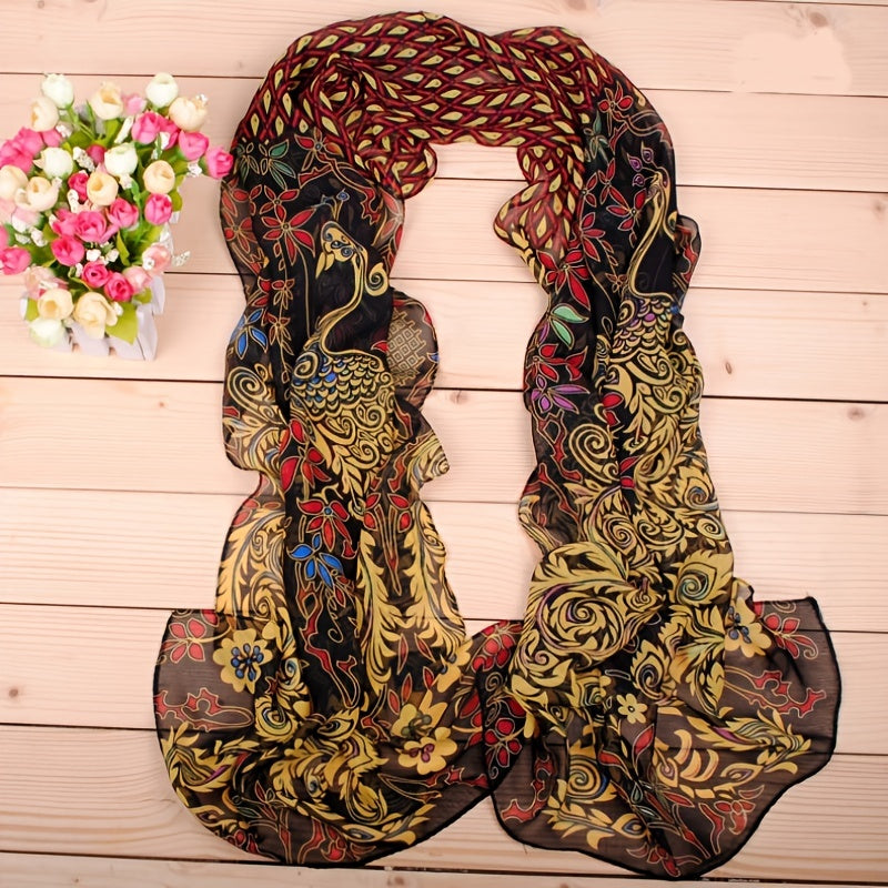 Boho Chiffon Scarf Phoenix Pattern Print Windproof Shawl