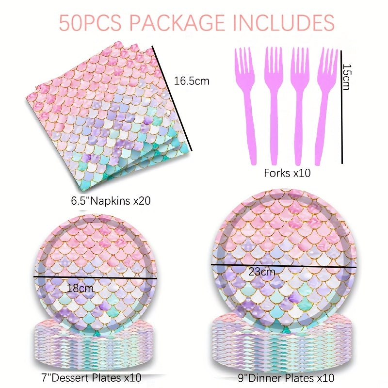 50pcs Mermaid Party Decorations Plates And Napkins Set