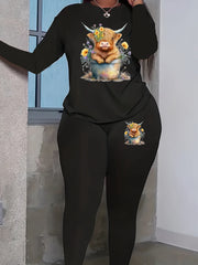 Women's Plus Cow Print Top & Leggings Set