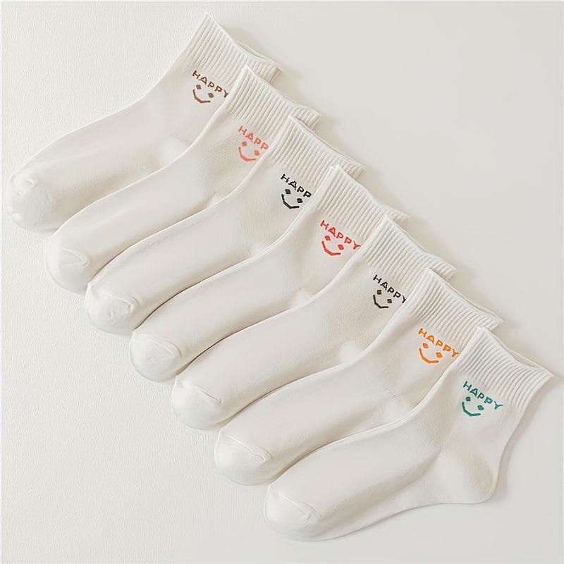 8 Pairs Smiling Face Print Crew Socks Women's Stockings