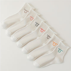 8 Pairs Smiling Face Print Crew Socks Women's Stockings