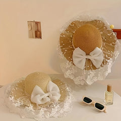 French Style Sun Hat Lace Bowknot Wide Brim Straw Hat Classic UV Protection