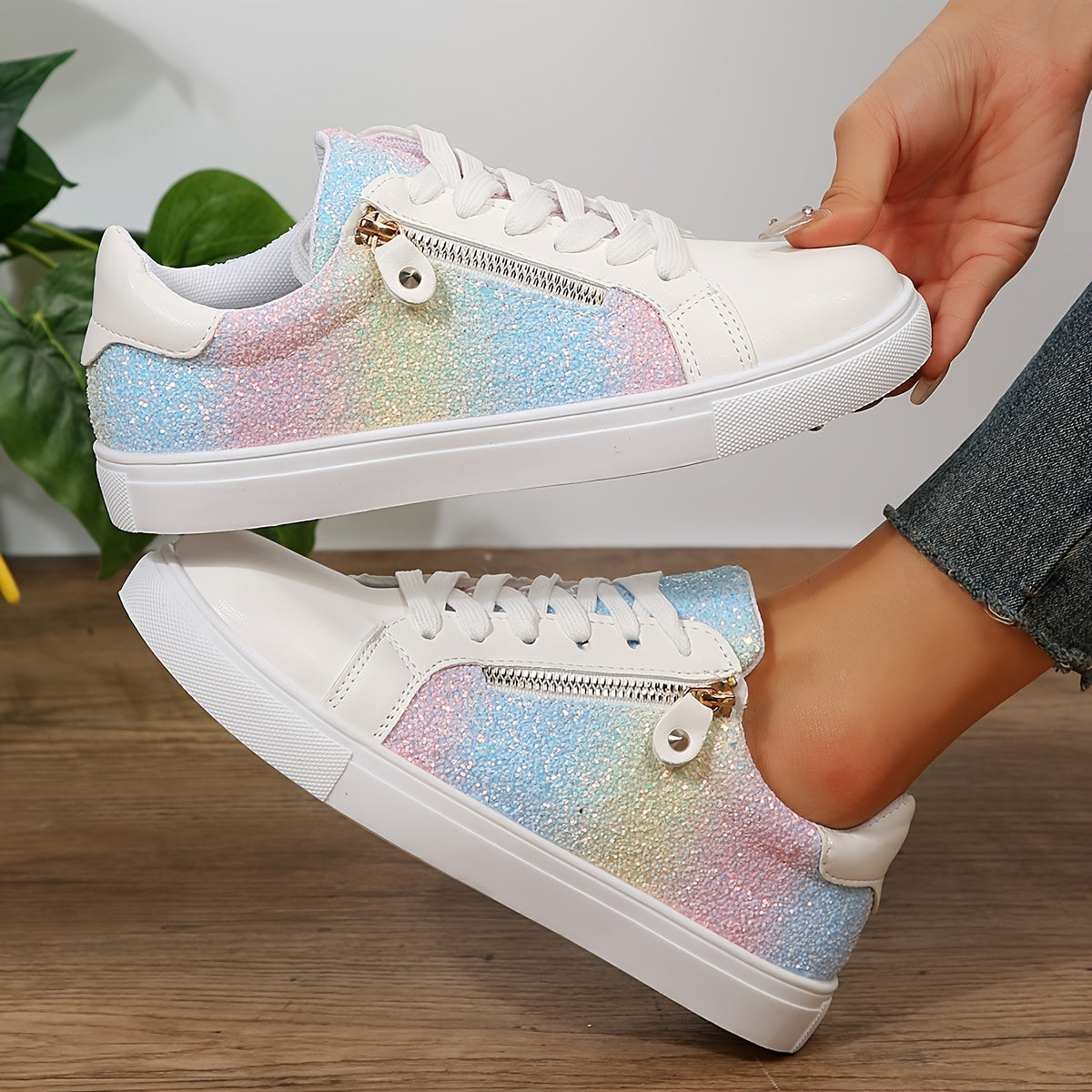 Colorful Faux Leather Skate Shoes Flat Zipper