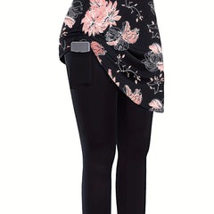 Women's Plus Floral Print Skirted Tennis Golf Leggings With Phone Pockets