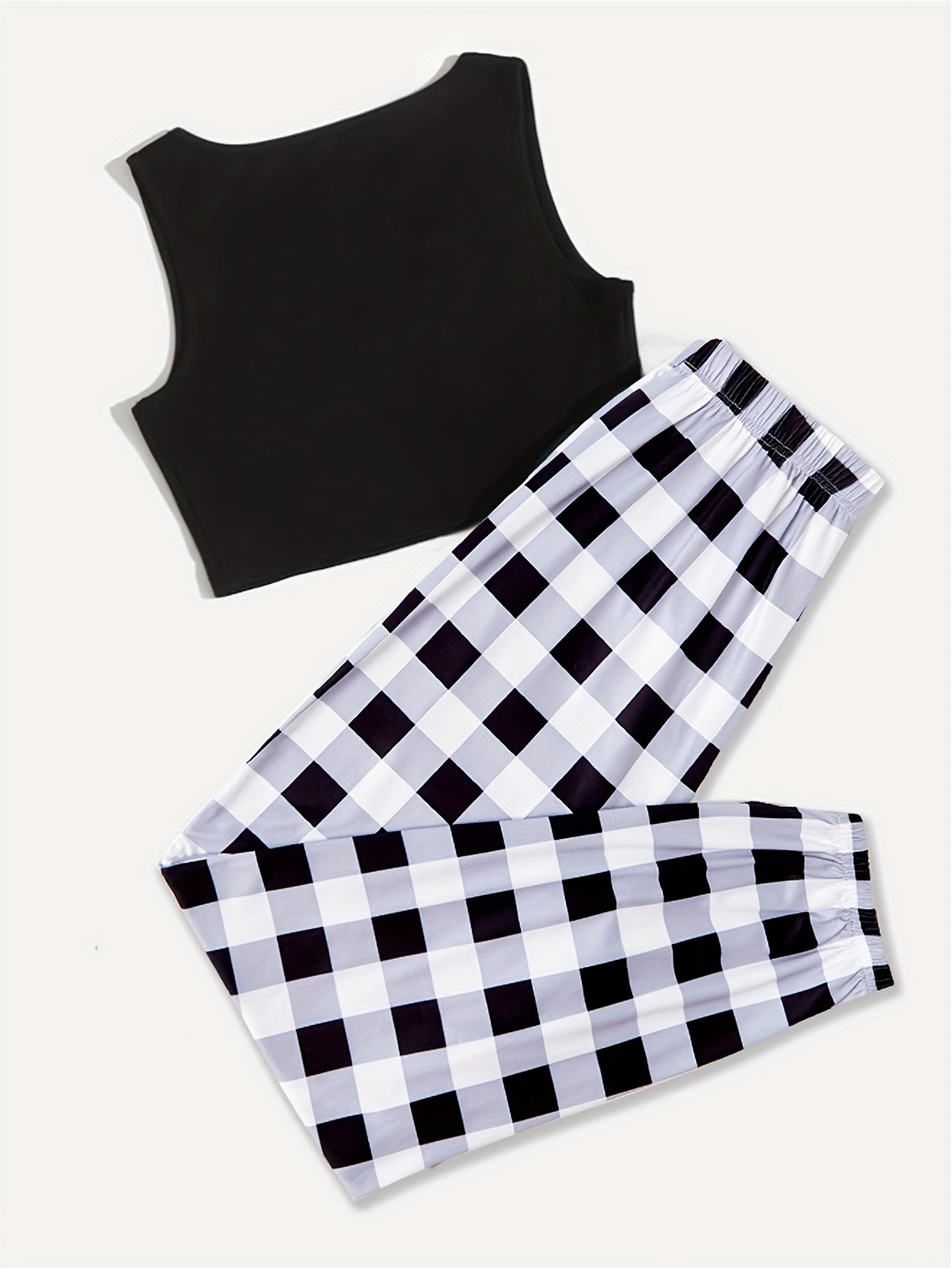 Plaid Print Pajama Set Sleeveless Top & Pants
