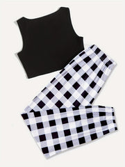 Plaid Print Pajama Set Sleeveless Top & Pants