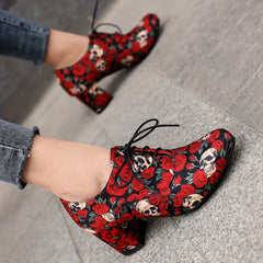 Skull & Rose Chunky Heels Lace Up Pumps Round Toe