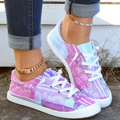 Women's Block Flower Walking Shoes Lace Up Low Top Casual Flat Sneakers