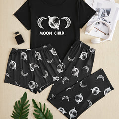 Moon Print Pajama Set Short Sleeve Crew Neck Top & Shorts Women's Sleepwear