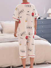 Strawberry Print Pajamas Set Short Sleeve Crew Neck Top & Crop Pants