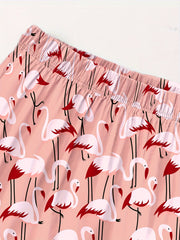 Flamingo Print Pajama Set Short Sleeve Top & Shorts Two Piece
