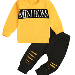 2pcs Boys Casual Set with MINI Print Sweatshirt & Ripped Sweatpants