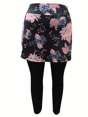 Women's Plus Floral Print Skirted Tennis Golf Leggings With Phone Pockets