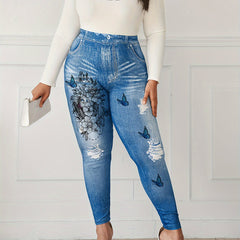 Women's Plus Denim & Floral Lion & Butterfly Print High Stretch Leggings